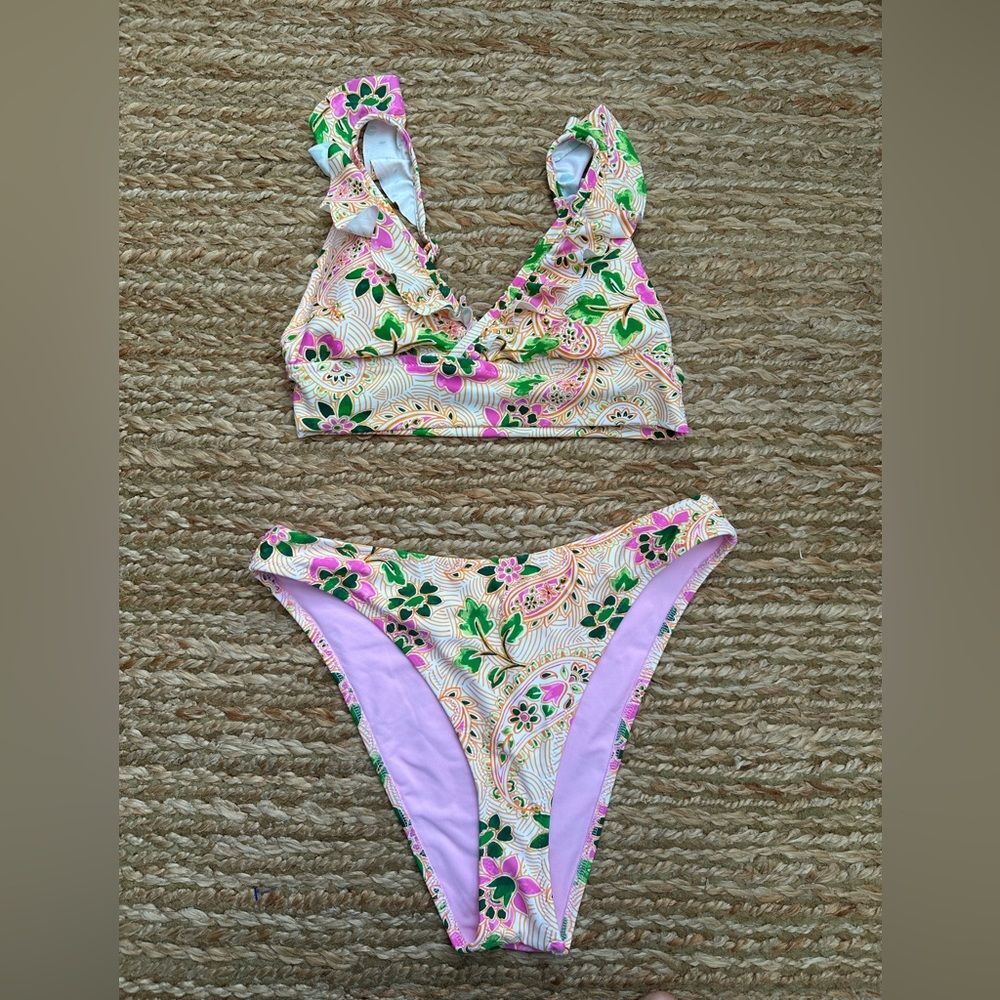 Aerie Paisley Multicolored Ruffle Top & Cheeky Bikini Bottoms Set Small/Medium